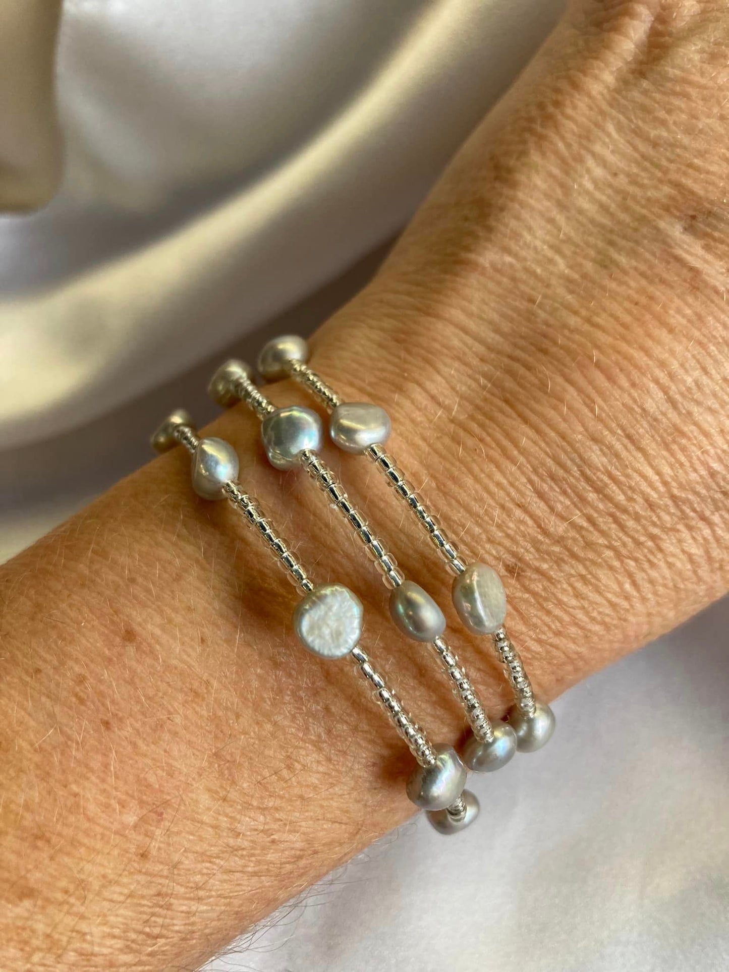 Sterling Silver Grey Freshwater Pearl wrap bracelet