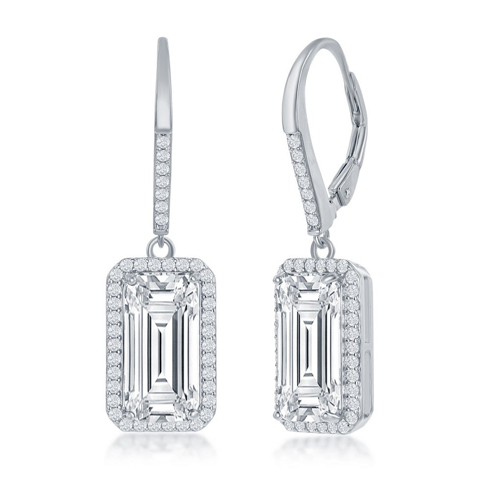 Sterling Silver Emerald-Cut CZ With CZ Border Dangle Earrings